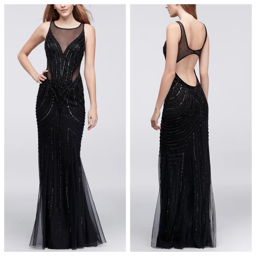 Adrianna Papell 6 Black Beaded Mesh Mermaid Gown Formal Maxi Dress Prom Evening